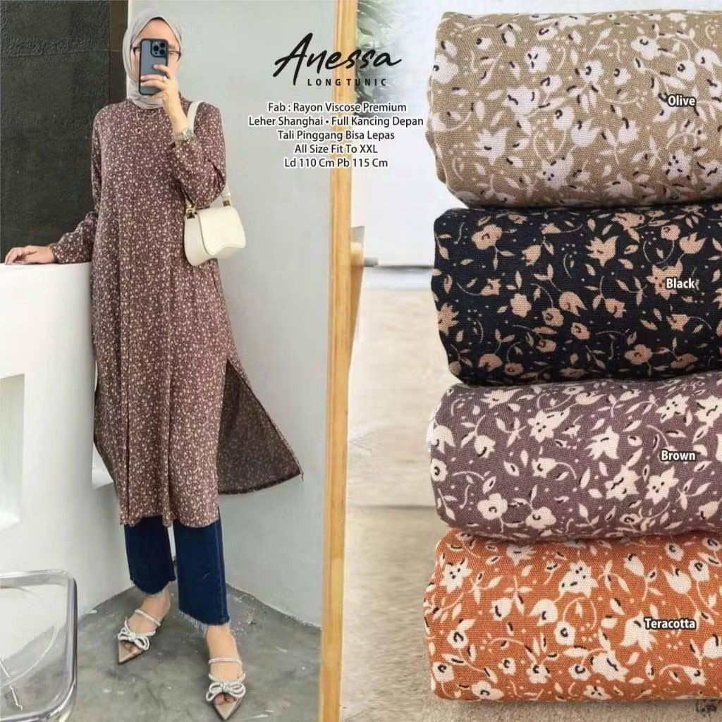 Anesa Tunik motif bunga rayon halus remaja ibu muda. Florina long tunic