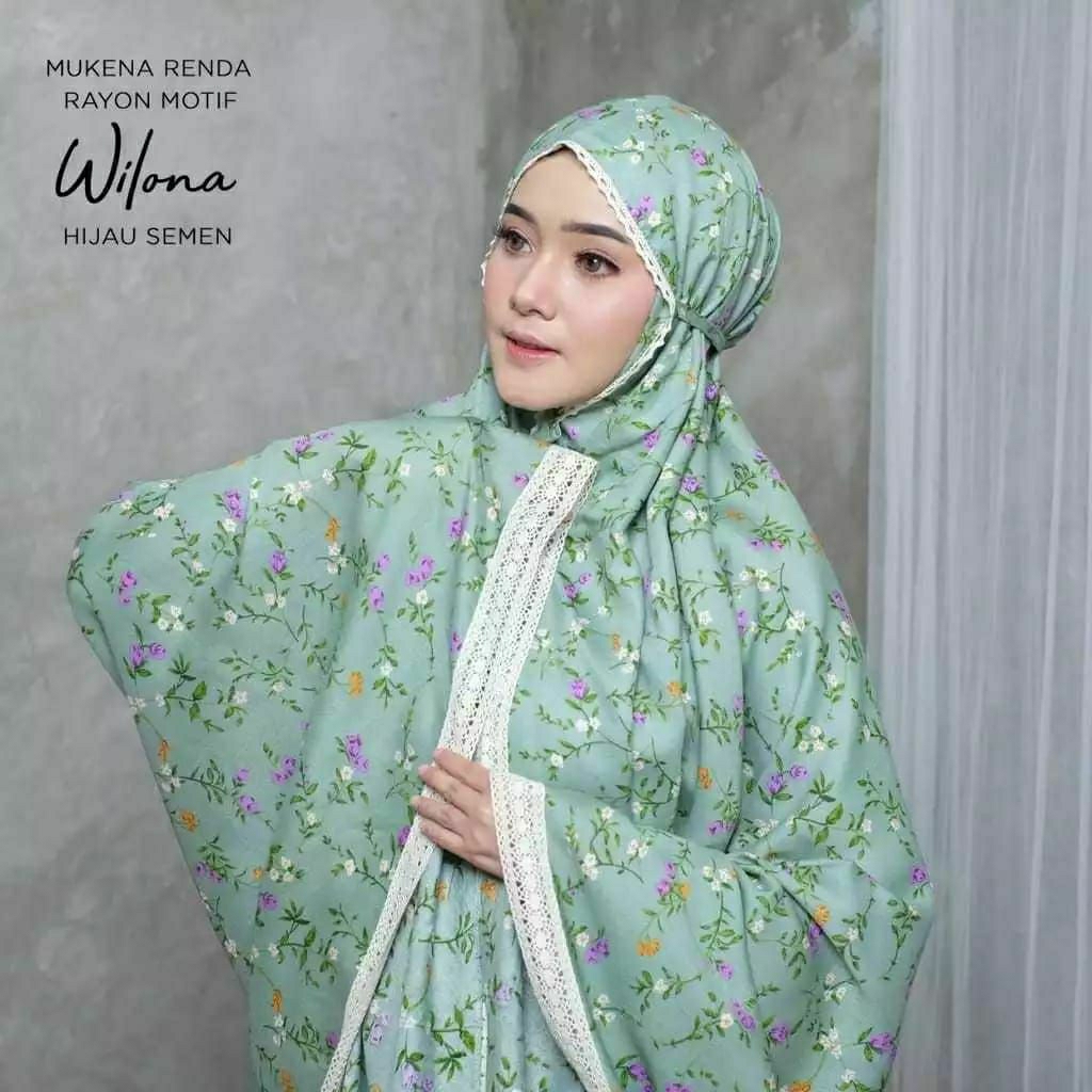 wilona mukena renda rayon motif bunga rendah rayon peach