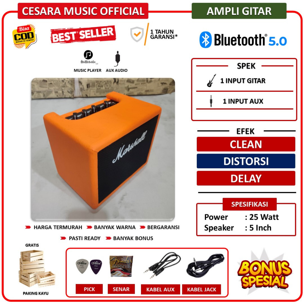 Ampli gitar & bass 5 inc bluetooth 2 input bonus kabel jack, aux, pick bergaransi