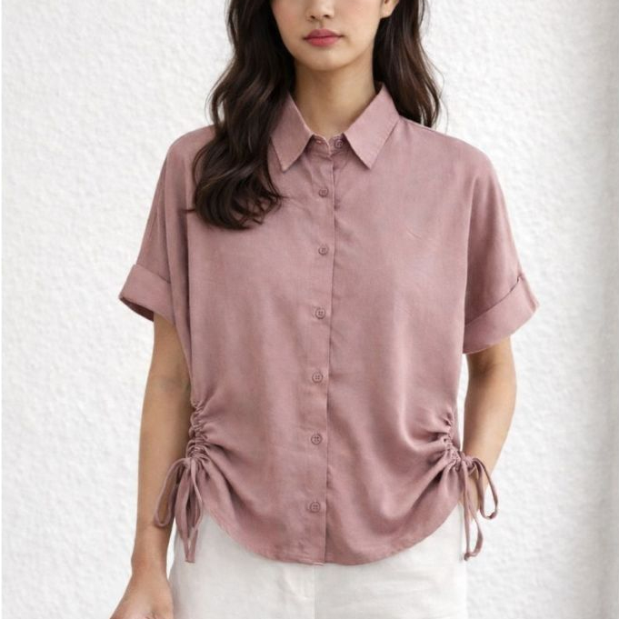 SEOLMITE Mina Blouse Kemeja Atasan Wanita Polos Lengan Pendek Tali Samping Adjustable Bahan Rayon Pr