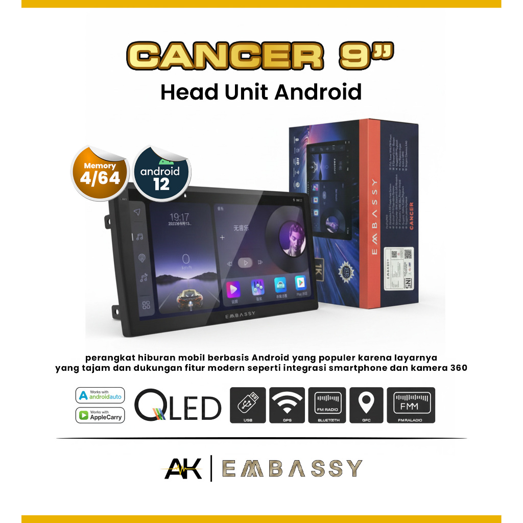 HEAD UNIT ANDROID 9 Inch RAM 4/64 GB EMBASSY - CANCER