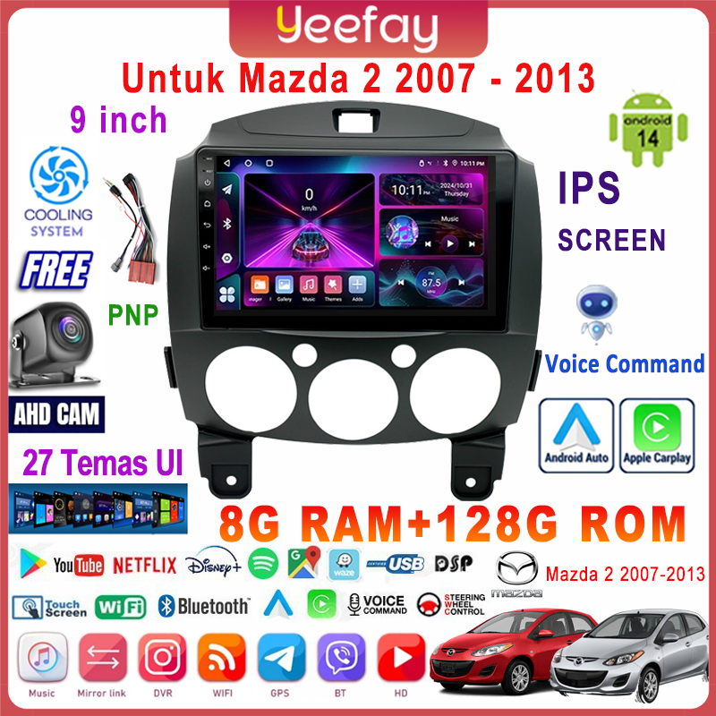 LALAHOO Untuk Mazda 2 2007-2013  8G+128G Android 14 Head Unit Termasuk Frame/PNP Soket 9 Inch IPS