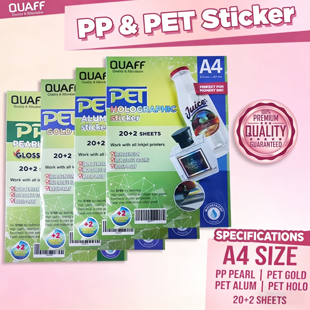 QUAFF Tahan Air Label Stiker PET PP A4 22 Lembar | Kertas Stiker Vinyl Inkjet Anti Air untuk Label P