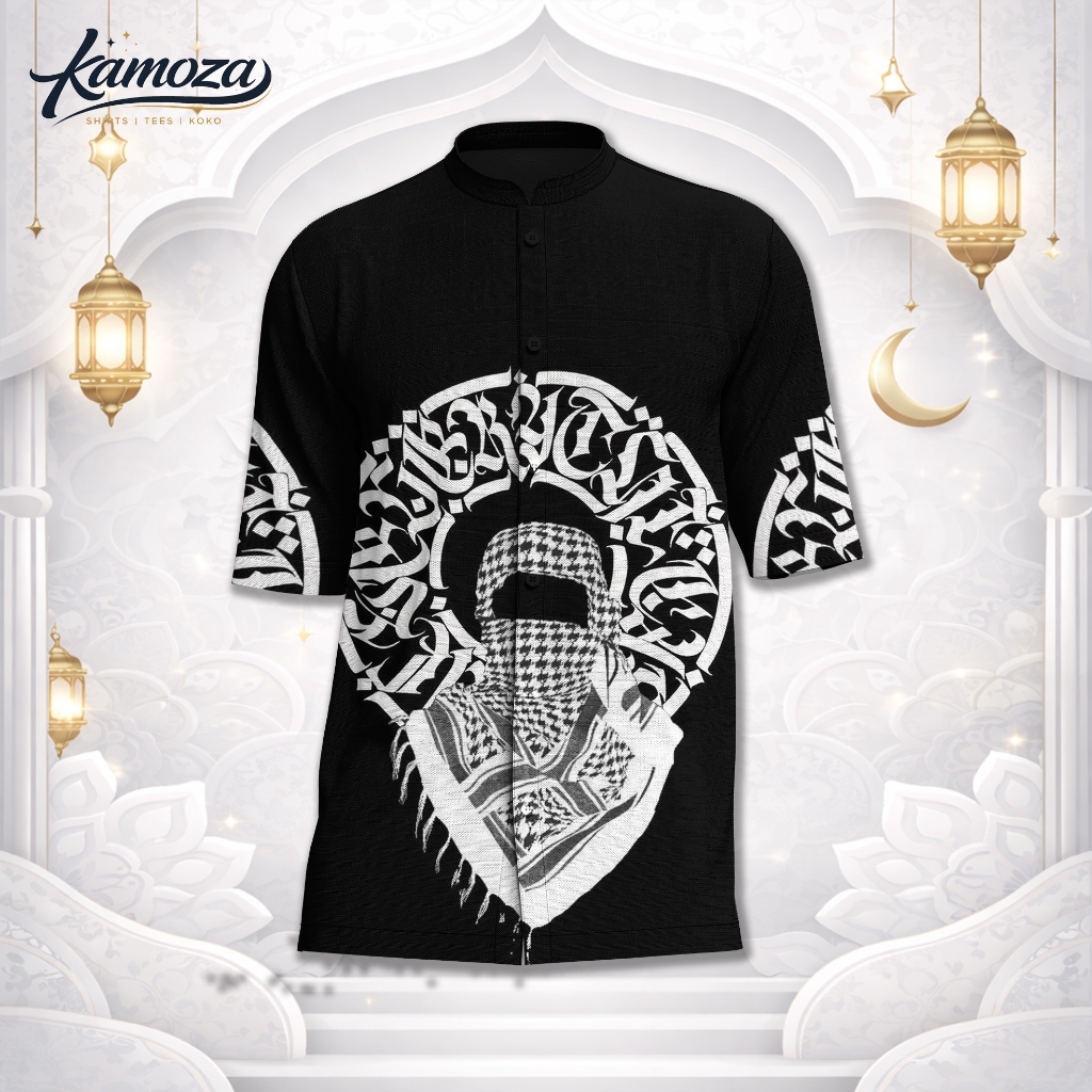 KAMOZA Kemeja Koko Pria Sorban Hitam Putih Palestine Keffiyeh Calligraphy – Koko Pria Casual Premium