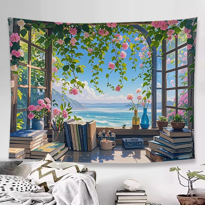 Latar belakang jendela yang menenangkan dengan pemandangan laut, cocok untuk dekorasi dinding kamar 