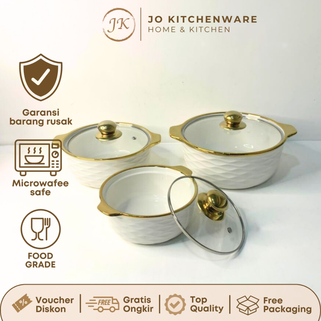 Mangkok Saji Tutup Kaca Wave List Gold Keramik Premium Unik  / Set Mangkok Keramik Tutup kaca JJ673