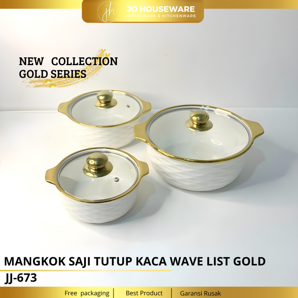 Mangkok Saji Tutup Kaca Wave List Gold Keramik Premium Unik  / Set Mangkok Keramik Tutup kaca JJ673