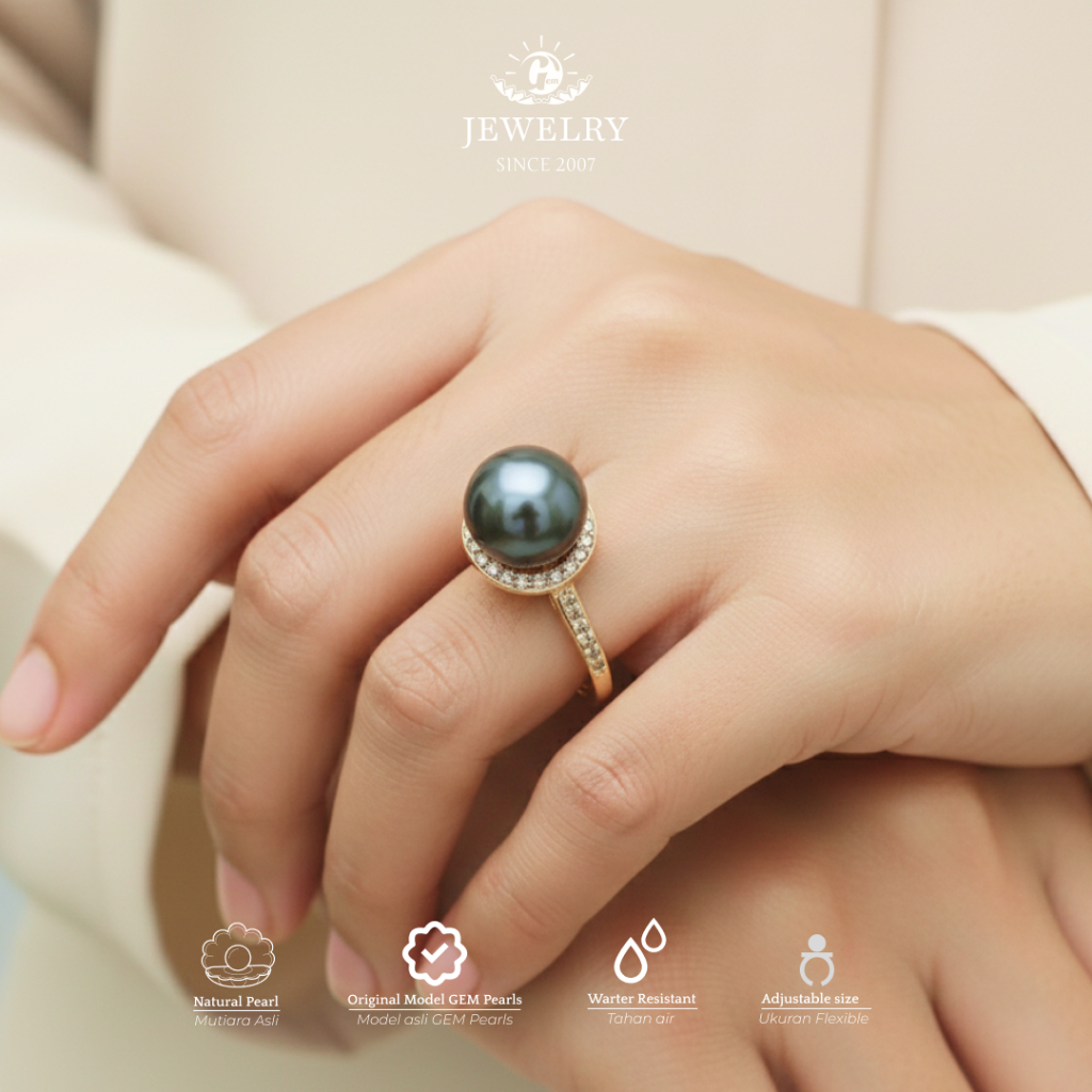 PER-CCN-F-014 | Cincin Mutiara Air Laut Asli Berwarna Hitam dengan Ring Chrome Elegan | Mutiara Roun