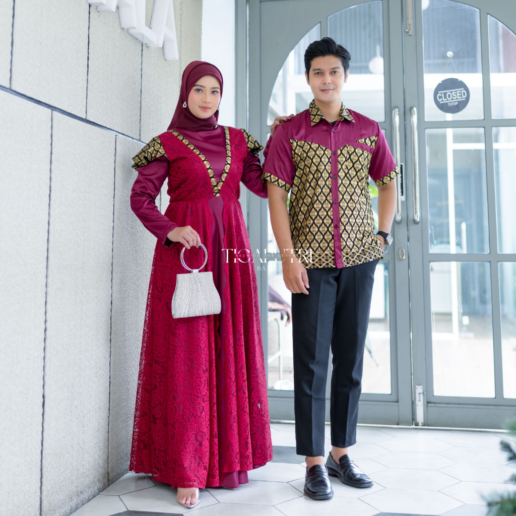 Gamis Batik Brokat - Gamis Raya Set Couple Gamis Syari Modern Brokat Batik Velvet M L XL Multiwarna