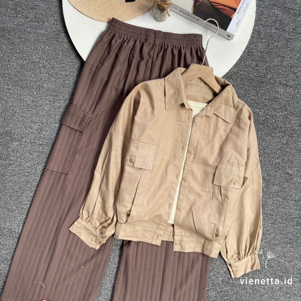 Vienetta id - ONE SET SETELAN WANITA KOREAN STYLE KEKINIAN CEWEK REMAJA BAJU ATASAN KEMEJA LINEN CRO
