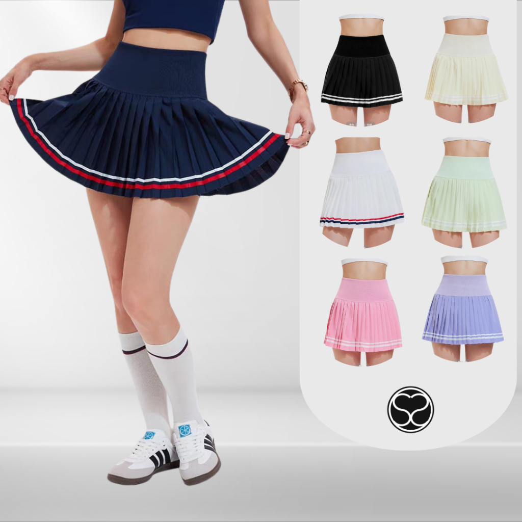 SecondShape - Double Stripe Pleated Skirt Rok Olahraga Sport Wanita Tennis Padel Golf Pickleball Dan