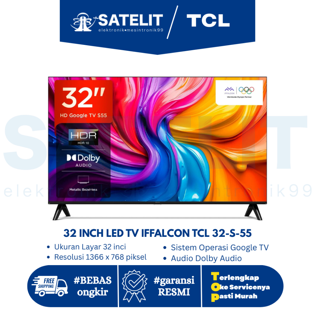 iFFALCON TCL 32 Inch LED TV 32S55 | Smart TV HD | Android TV | Dolby Audio | Layar Jernih & Slim