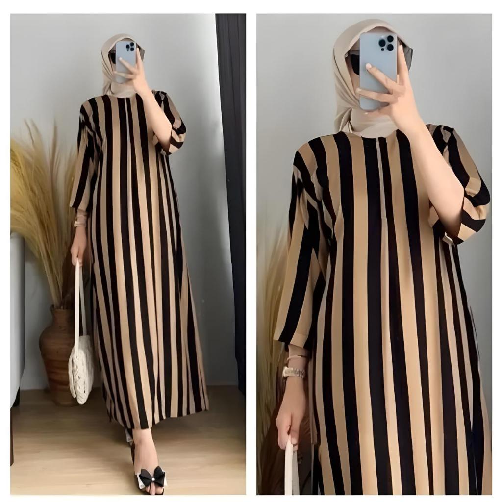 Gamis Muslimah Modern | Dress Panjang Stripe Hitam Putih | Bahan Katun Rayon Nyaman