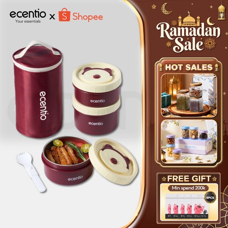 ecentio lunch box tas set 3pcs merah Kotak Makan anti tumpah 304 Stainless Steel tas bekal dan free 