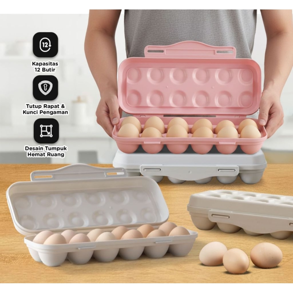 Tempat Telur Kulkas 12 Grid Wadah Penyimpanan Telur Plastik Tebal Egg Tray Minimalis Modern