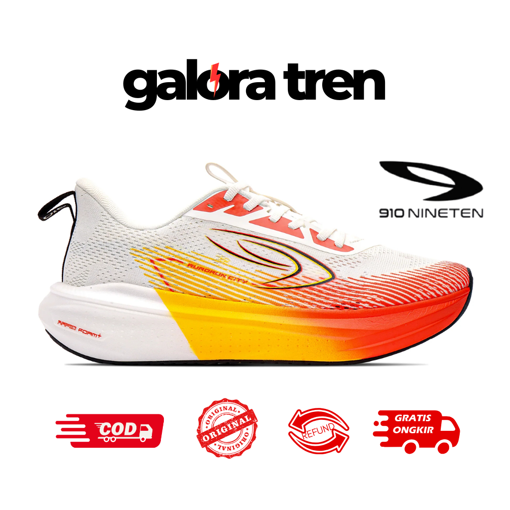 910 Nineten Aurorun City Putih Hitam Jingga Kuning - Sepatu Lari 910 Nineten Aurorun City