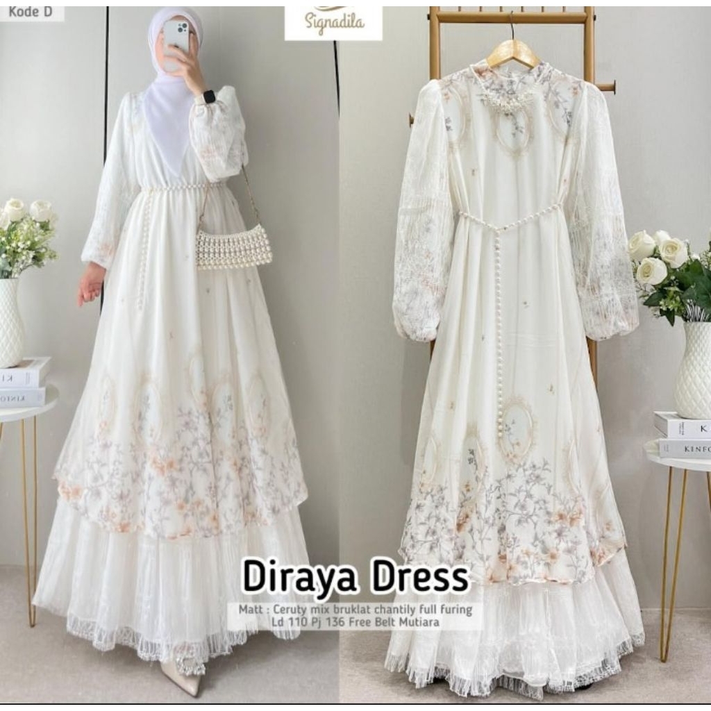 Dress Wanita Motif Bunga Putih DIRAYA | Dress Panjang Hijab Elegan