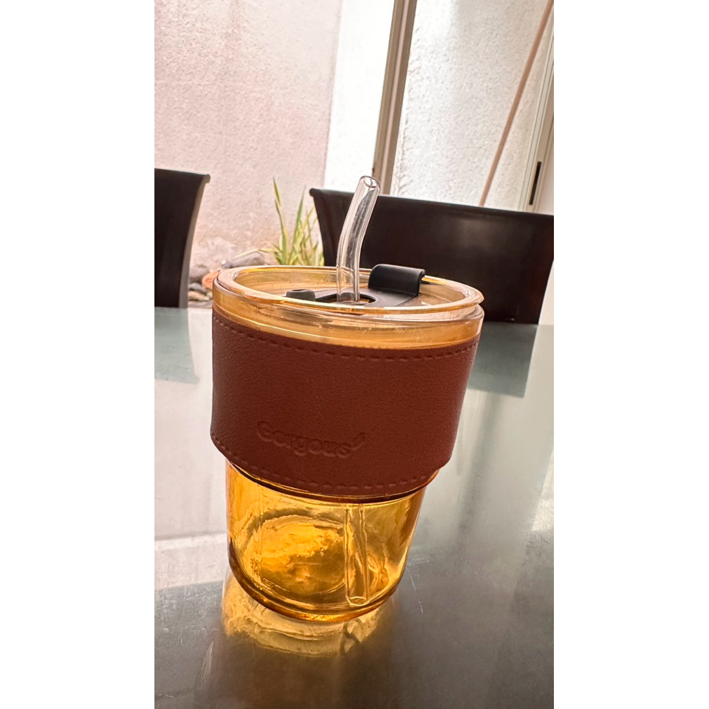 Gelas kaca mug kopi with case dan sedotan