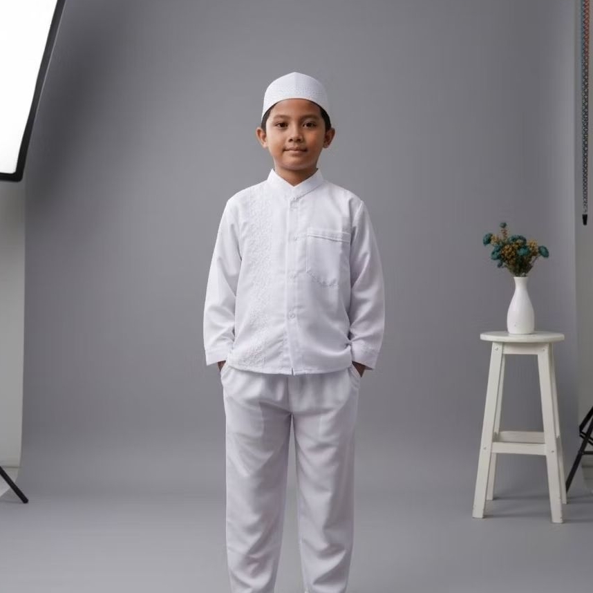 Baju Koko Putih Anak Set Celana Size 1-15 Tahun - Setelan Koko Anak Premium