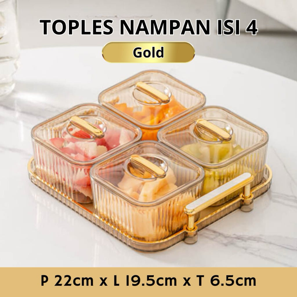 Toples Nampan Set Gold Isi 4 - Toples Lebaran Set Penyimpanan Makanan Saji Dengan Nampan - Toples Na