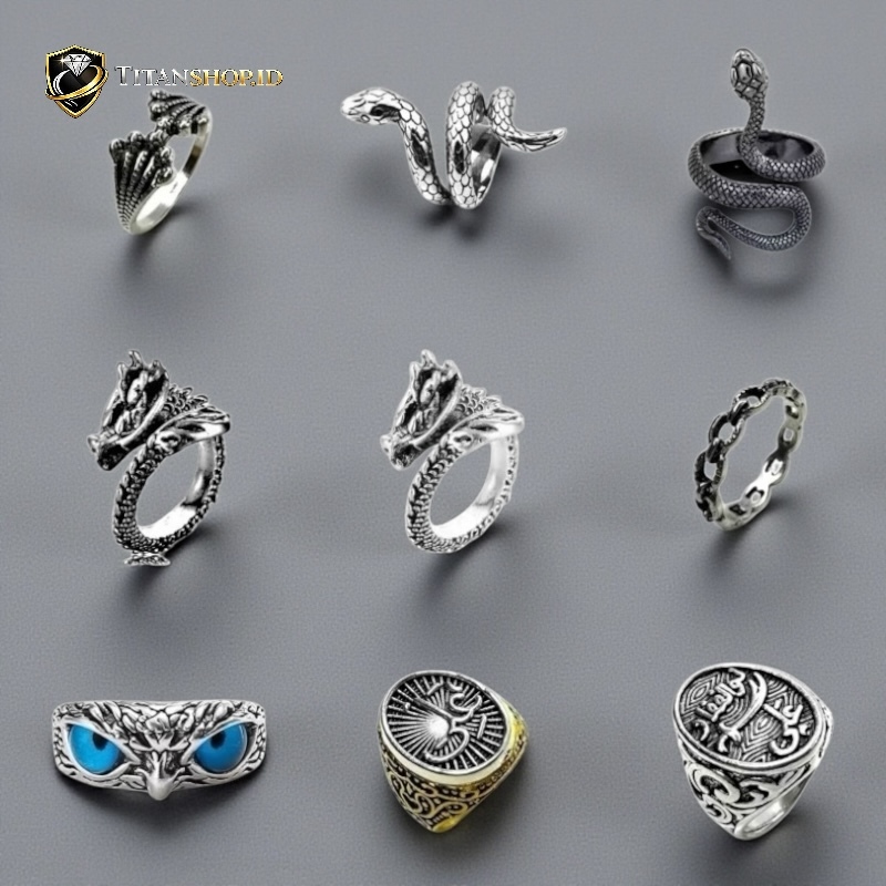 TITANSHOP.ID Cincin Pria Wanita Motif Snake Ular Perak Silver Hitam Korea