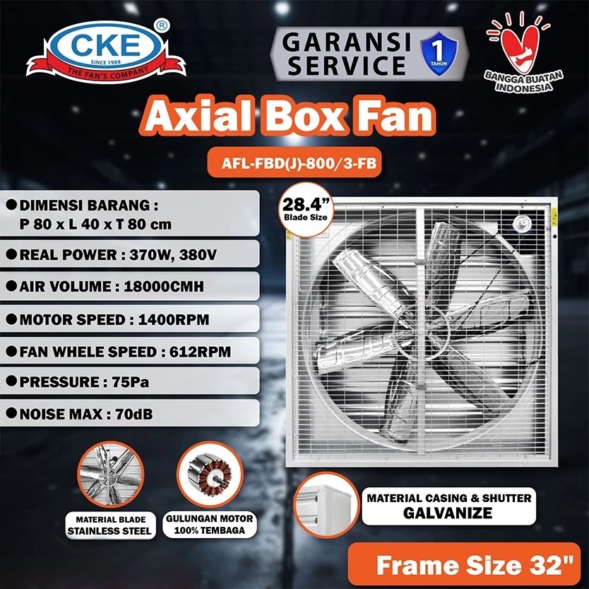 CKE Axial Box Fan 28.4 Inch Low Noise Hexos Senyap Kandang Ayam Industri Peternakan Heavy Duty 380V