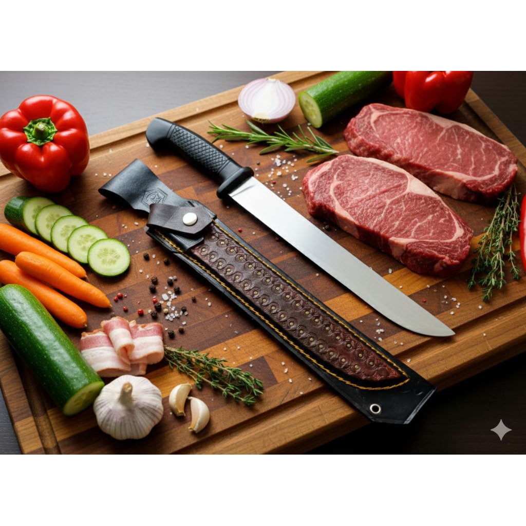 Pisau Sembelih HSS Boning sarung kulit Asli, golsem miror pisau daging