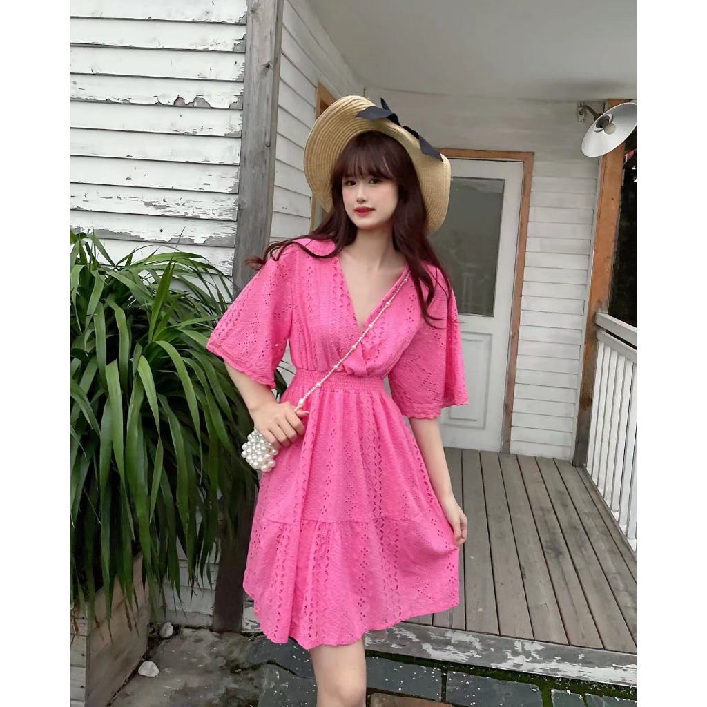 Seesky FO 5053 Mini Eyelet Skater Dress l Dress Wanita Mini Eyelet V-Neck | Dress Casual Cantik - RI