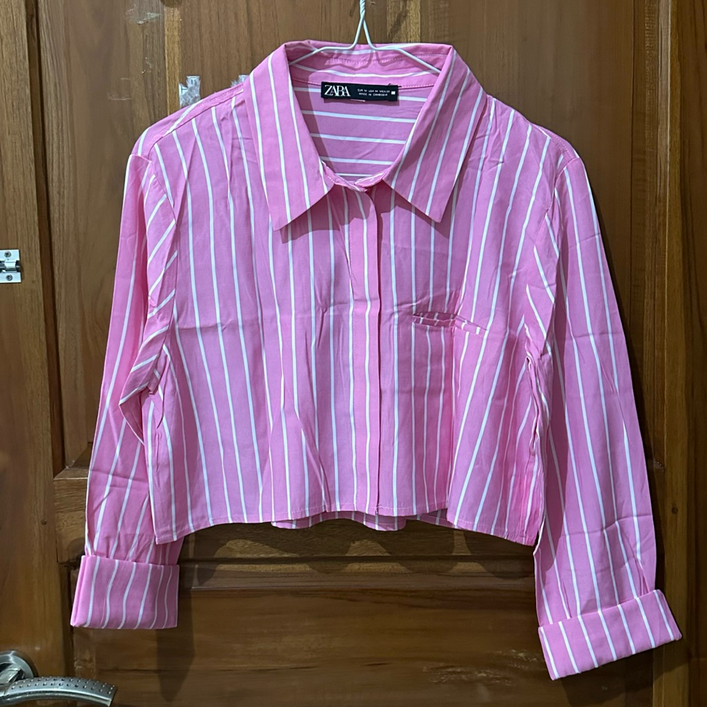 Zara Striped Pink Shirt Crop Top