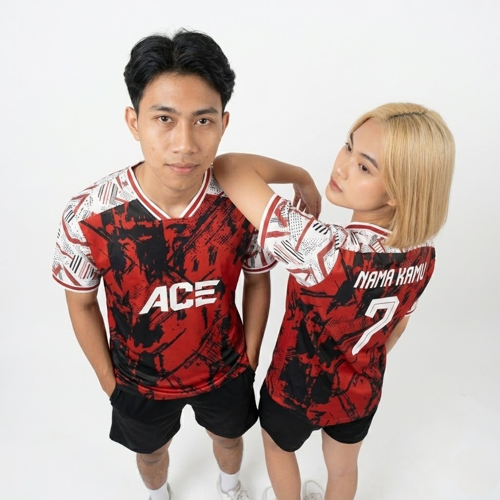 Setelan Jersey Futsal Tim Unisex Merah Hitam Motif Grunge Abstrak Custom Nama
