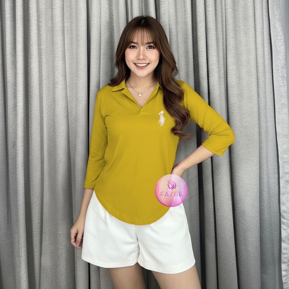Kaos Polo Bordir Kerah V Neck Lengan Panjang 7/8 - Atasan Wanita Oversize Baju Kerah Wanita 8006