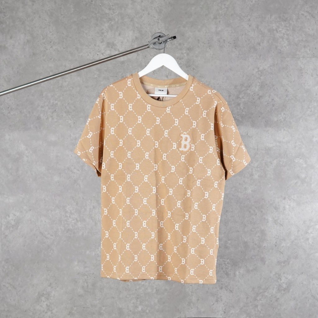 Kaos MLB B BIG MONOGRAM LINE WHITE BEIGE TSHIRT 100% ORIGINAL