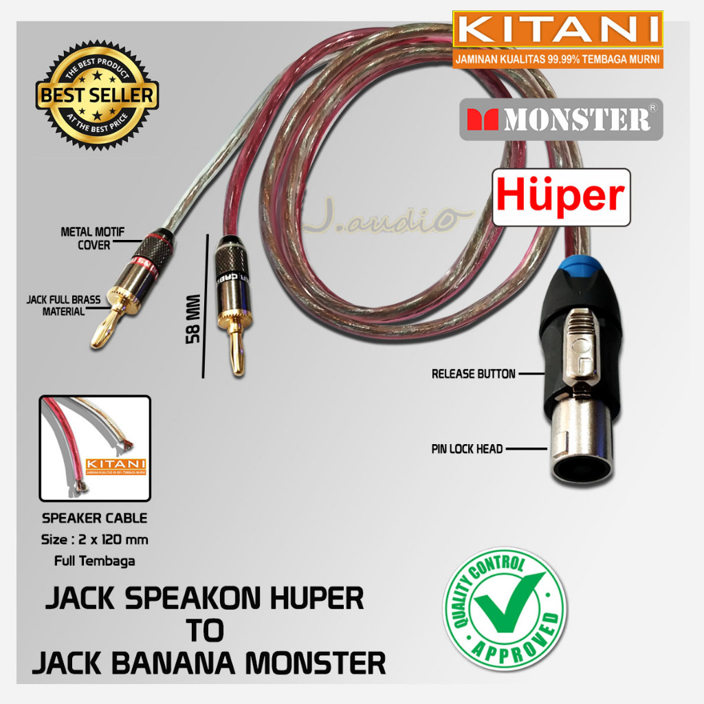 KITANI 2x120 - Kabel audio / kabel speaker transparan 1x Jack Speakon HUPER to 2x Jack Banana Monste