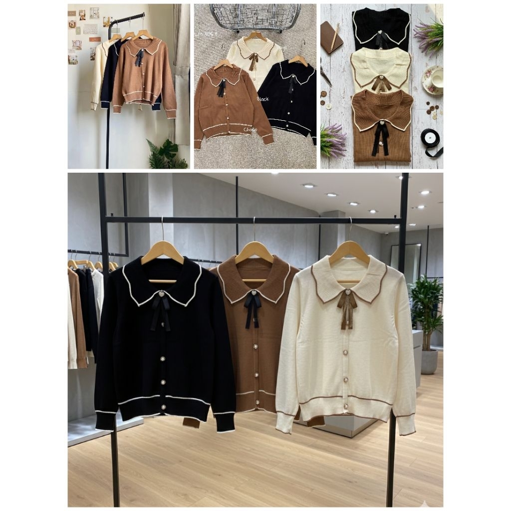 [KOREAN STYLE] Cardigan Rajut Kerah Pita Mutiara / Outer Knitwear Vintage Ribbon / Baju Hangat Wanit