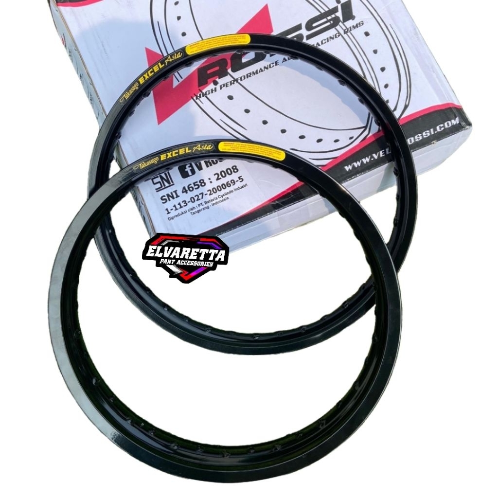 VELG V ROSSI HITAM GLOSSY SUDAH DICUSTOM STIKER TAKASAGO EXCEL ASIA UKURAN 120 140 160 185 RING17