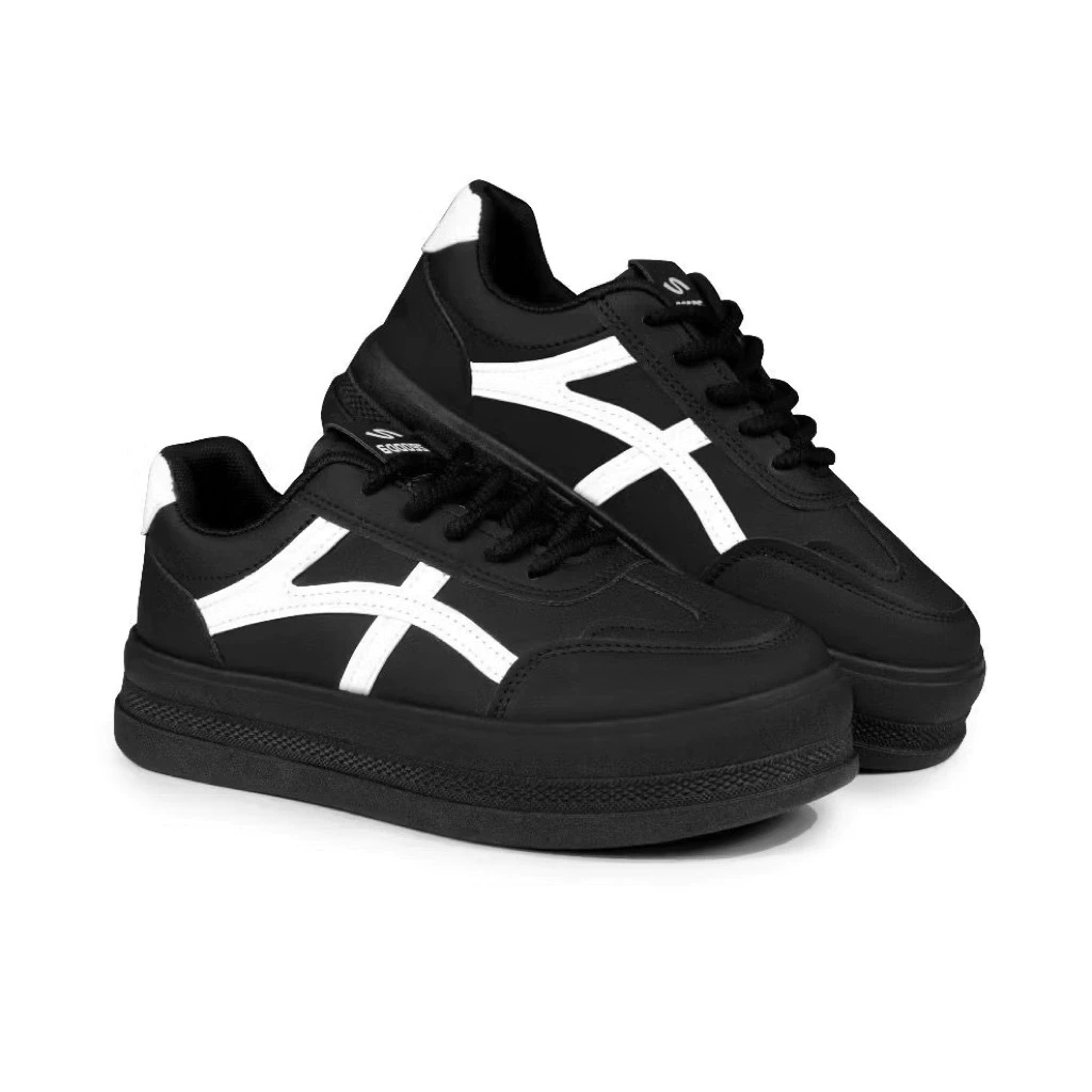 Sepatu Sneakers Wanita Casual Korea Kain PU Sol Karet Anti Slip Hitam Putih 36-41 sepatu sneaker per
