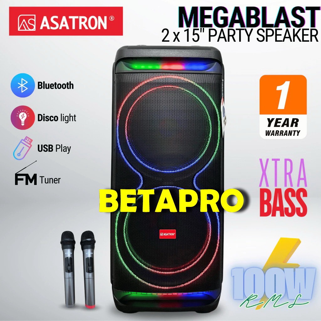 Speaker Portable Asatron Megablast Dual 15 Inch Bluetooth Party Speaker with 2 Wireless Mic