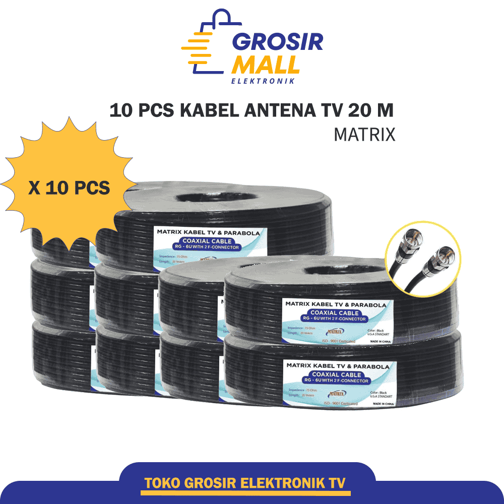 ( 10 PCS ) PAKET GROSIR Kabel Coaxial RG6U Matrix 20 Meter - JACK KONEKTOR F5 KABEL ANTENA TV / KABE