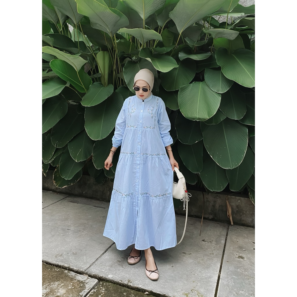 Azzura Midi Dress Gamis Panjang Salur Bordir Ruffle