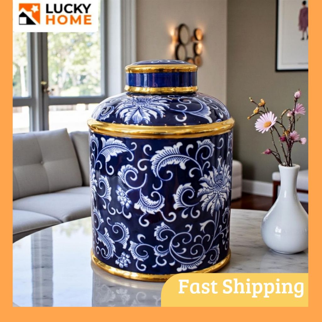 Guci Toples Keramik China Tochin Biru Putih Import Guci Porselen Dekorasi Rumah