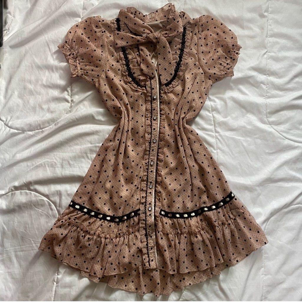 axes femme dusty rose puff sleeved ruffled polka dot bow dress