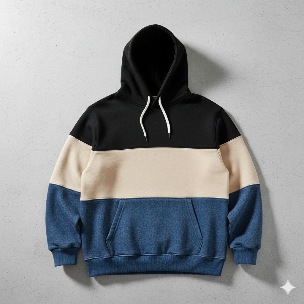 Jaket Hoodie Polos Kombinasi Hitam Cream Denim | Hoodie Premium Couple Pria Wanita Keren Kekinian Bi