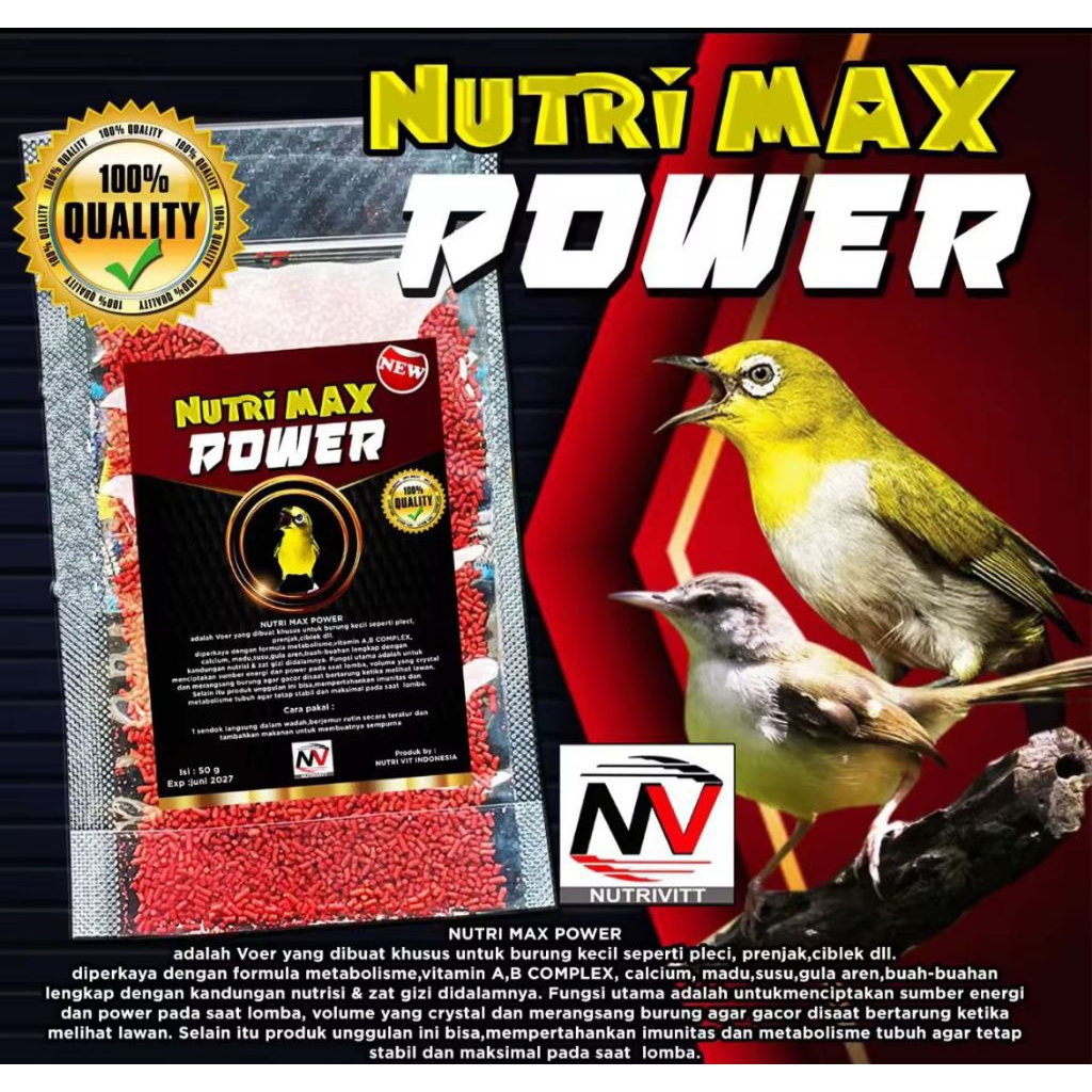 Voer Nutri Max Power 50 gr - Makanan Pakan Burung Pleci Kolibri Suplemen Vitamin Lomba Juara Nutrisi