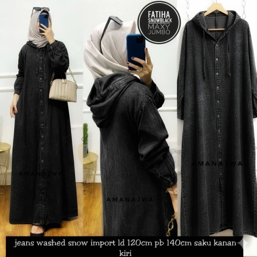 LD 140 | LD 120 Gamis Jeans Jumbo Polos dengan Hoodie FATIHA MAXY SUJU