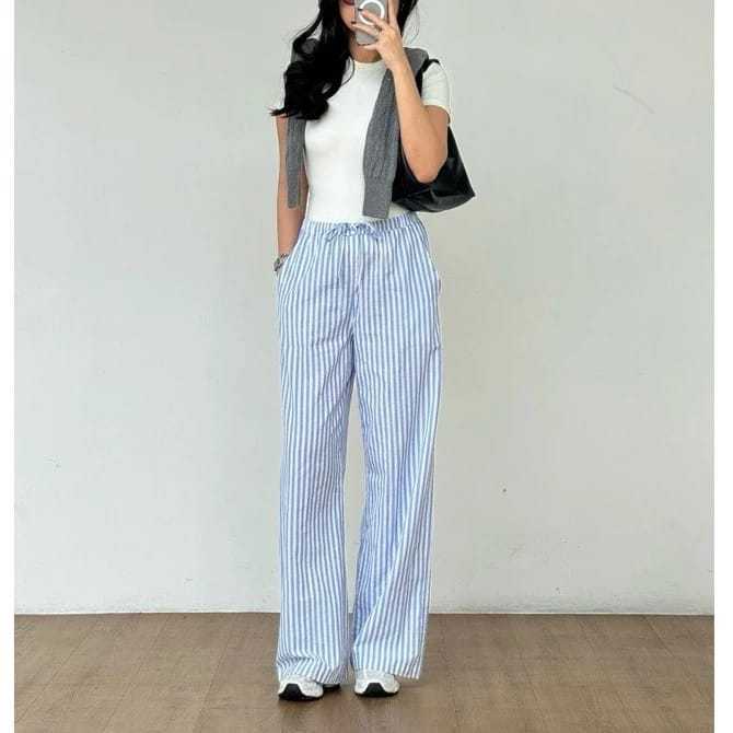 Celana Panjang Wanita Highwaist - Pinggang Karet, Saku Praktis, Pola Garis-garis