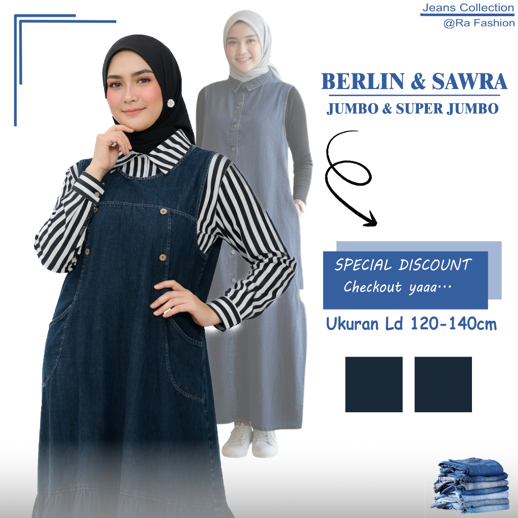 Overall Jeans Denim Wanita Berlin Sawra Jumbo Super Jumbo Tanpa Lengan Casual Harian LD 120 LD140cm