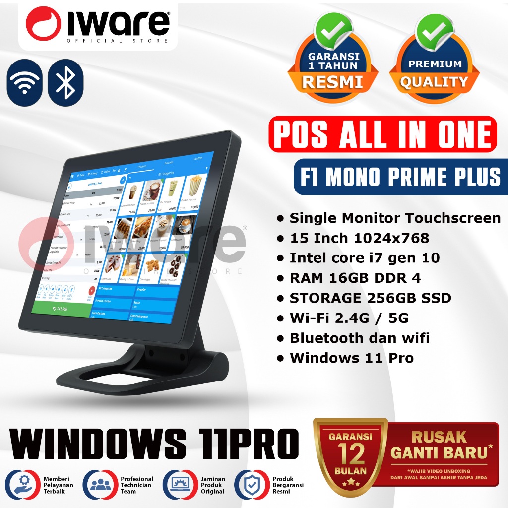 Iware Pos All In One Mesin Kasir Windows 11Pro Touchsreen F1-Mono Prime Plus Intel i7 Gen 10th 16/25