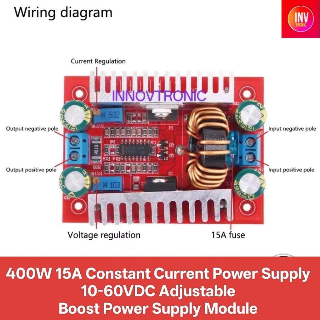 Red PCB DC Step Up 400W 15A Constant Current Power Supply 10-60VDC Adjustable Boost Power Supply Mod
