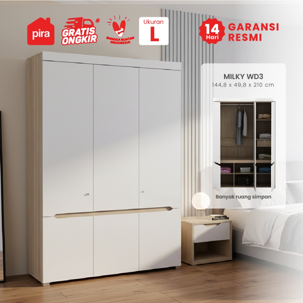 Pira - Milky WD3 Lemari Pakaian 3 Pintu Kayu Terang - Sonoma Oak - White GL