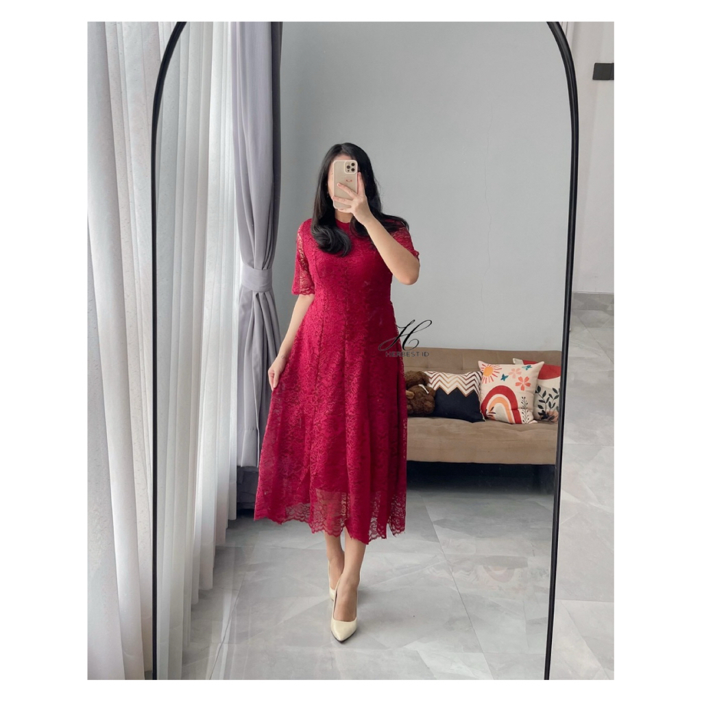 ARIANA BROKAT FURING DRESS PREMIUM IMPORT KOREAN STYLE MIDI DRESS KONDANGAN PESTA